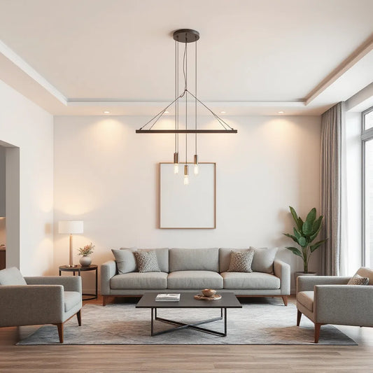 Sleek modern chandelier hanging in a bright minimalist living room with warm ambient light