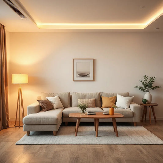 Warm floor lamp and minimalist pendant lighting in a cozy modern living room with neutral decor