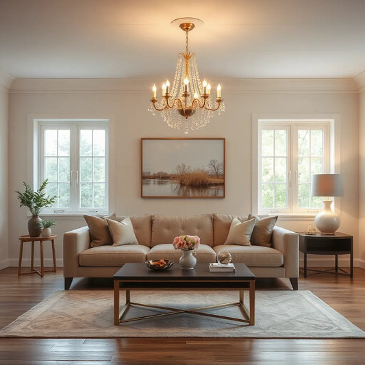 Elegant chandelier illuminating a modern living room with warm lighting and refined neutral decor