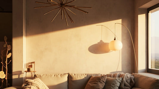 modern living room with elegant chandelier and warm ambient light on neutral decor