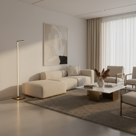 modern living room with a stylish floor lamp casting warm light