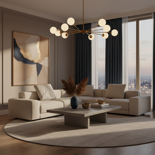 Modern living room interior with a glowing chandelier casting warm light on furniture.