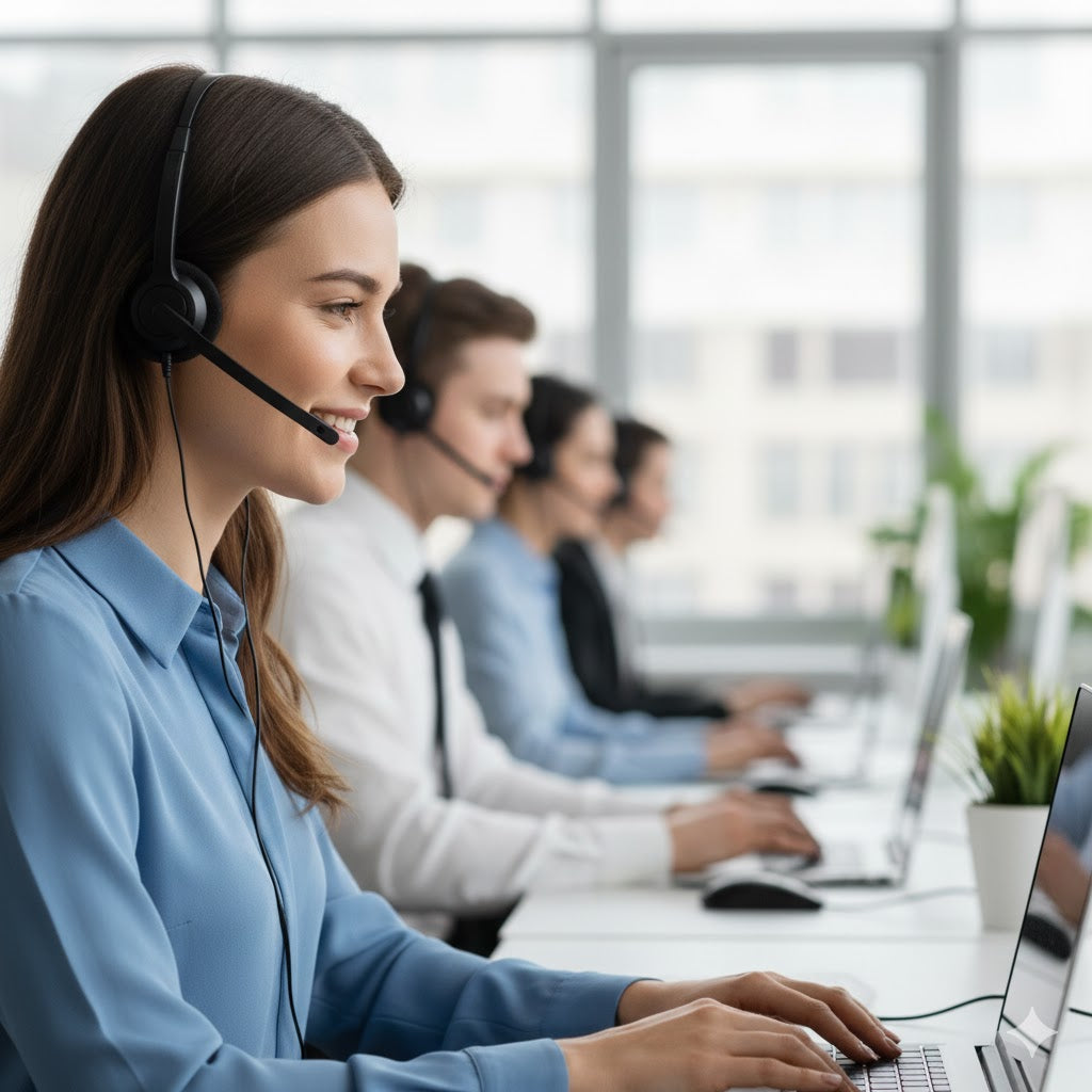 Friendly YH Lamps customer service representative assisting a client with modern lighting inquiries in a professional office setting.