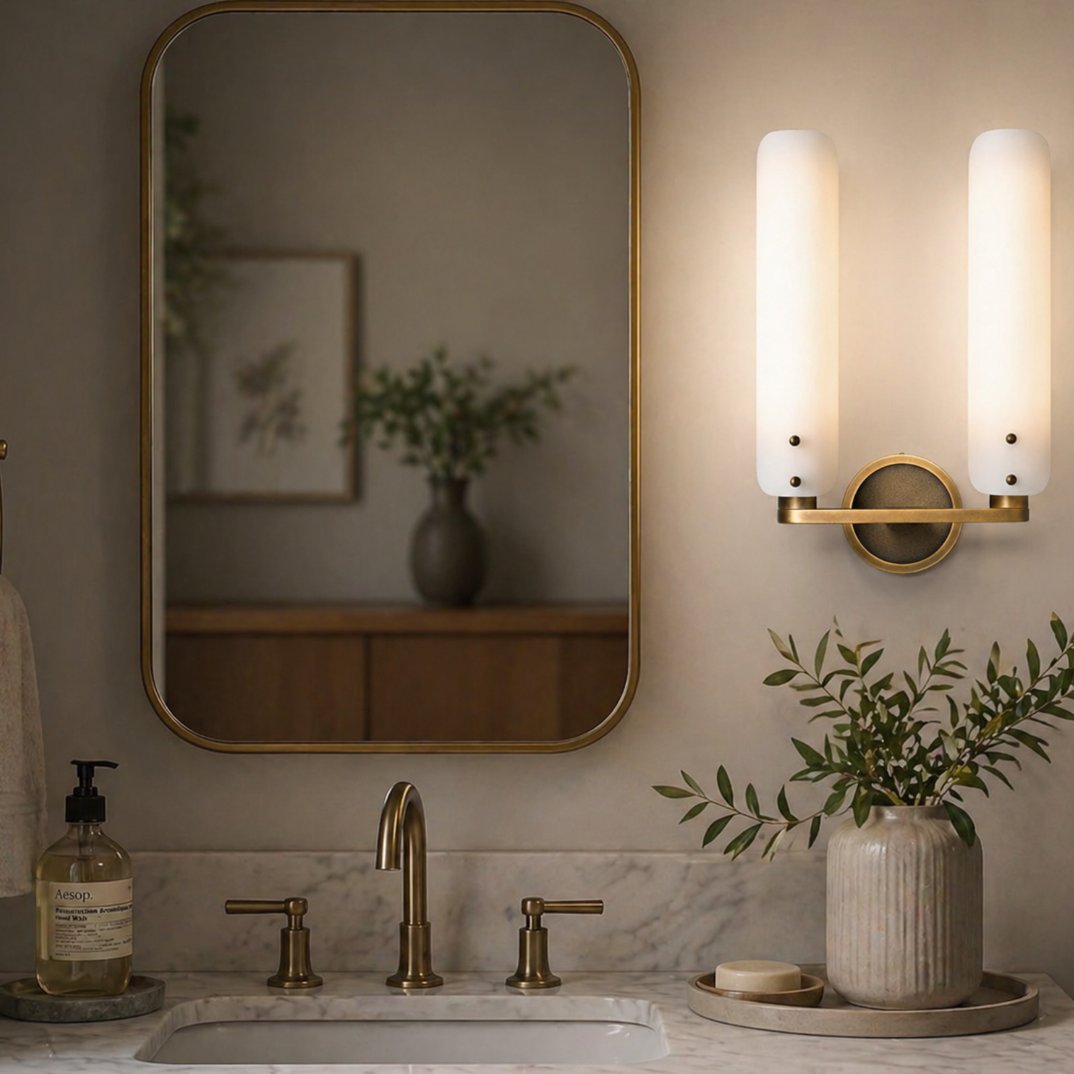 Deborah Double Sconce featuring two cylindrical frosted glass shades on a vintage-inspired brushed brass mount, perfect for luxury bathroom vanity lighting - YH Lamps